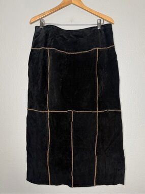 VTG Selene suede leather Black Paneled Midi Skirt with Contrast Stitching Sz L